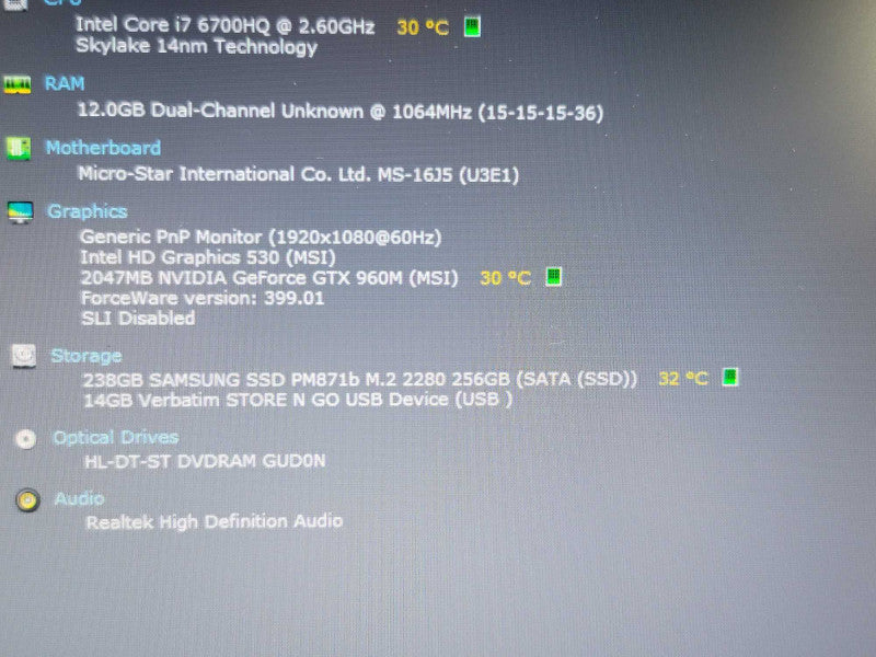 MSI PE60 i7-6700HQ 12GB RAM GTX 960M 256GB SSD NO ADAPTER β Lap200