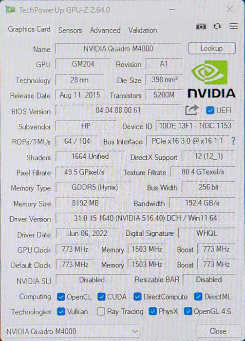 NVIDIA Quadro M4000, 8GB GDDR5 PCIe Graphics Card, 4x DisplayPort
