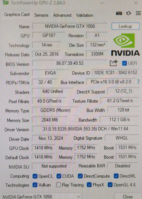 EVGA Geforce GTX 1050 2GB GDDR5 Graphics Card 02G-P4-6152-KR _