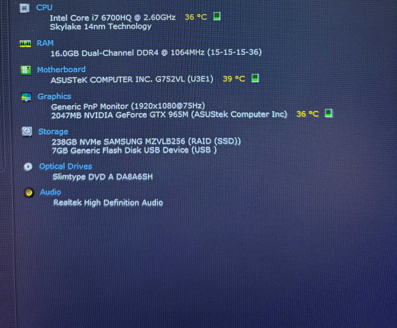 Asus ROG G752VL i7-6700HQ GTX965M 2GB GPU 16GB RAM 256SSD No Battery READ! Lap200