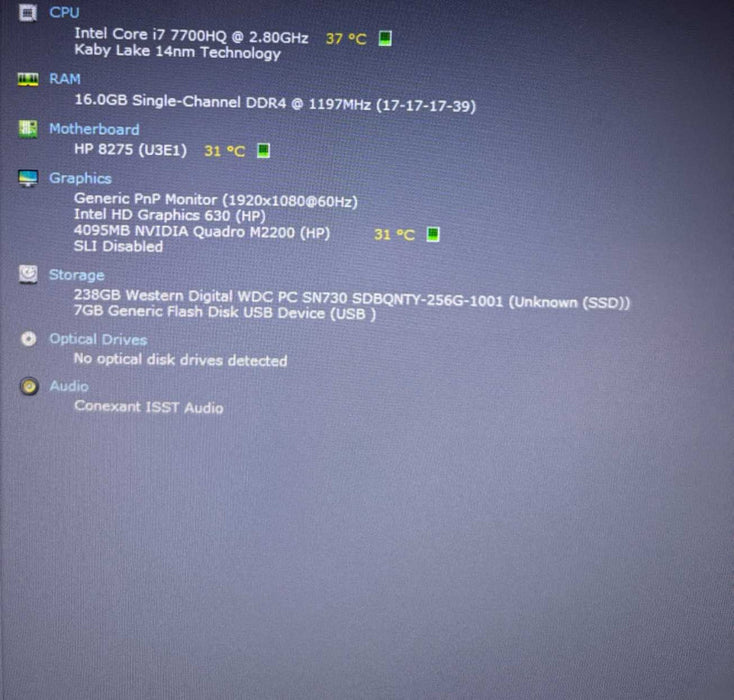HP ZBook 15 G4 i7-7700HQ@2.8GHz QUADRO M2200 4GB GPU 16GB RAM 256GB SSD  Lap200