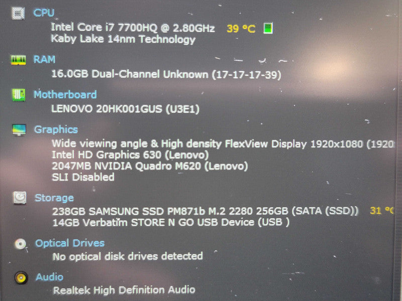 Lenovo ThinkPad P71 i7-7700HQ 16GB DDR4 Quadro M620 256GB SSD  β Lap200
