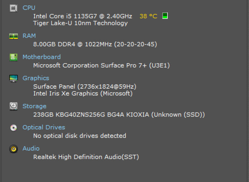 Microsoft Surface Pro 7+ 1960, i5-1135G7 2.40GHz, 8GB DDR4, 256GB NVMe, PWR  Lap200