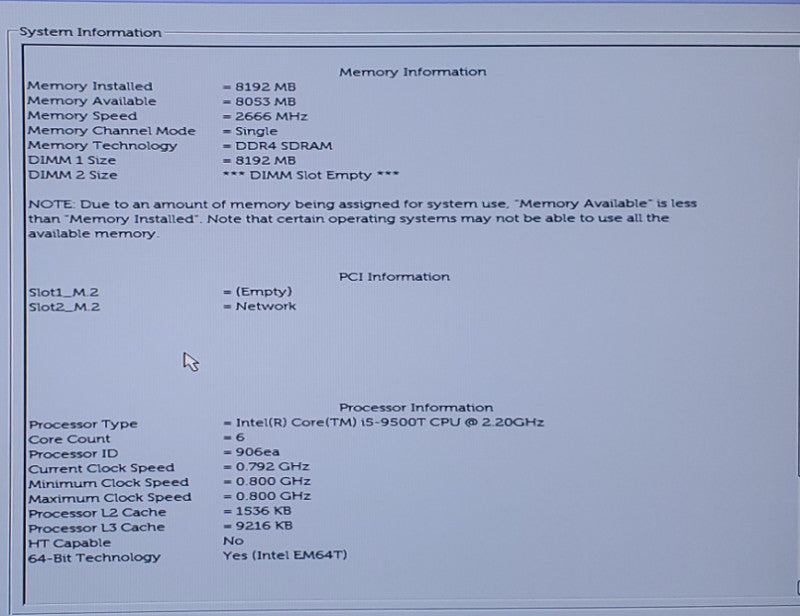 Dell OptiPlex 5070 Intel i5-9500T@2.2GHz 8GB RAM  no-HDD/SSD Q