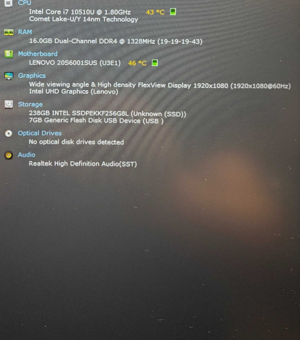 Lenovo ThinkPad T15 Gen 1 Core i7-10510U@1.8GHz 16GB RAM 256GB SSd   Lap200