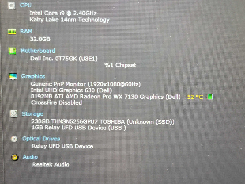 Dell Precision 7740 i9-9880HK 32GB DDR4 AMD WX 7130 256GB SSD PARTS/REPAIR  β Lap200