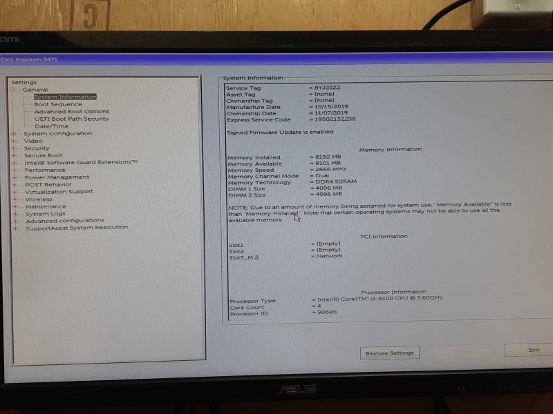 Dell Inspiron 3471 SFF Desktop i3-9100 3.60GHz 8GB DDR4 No HDD