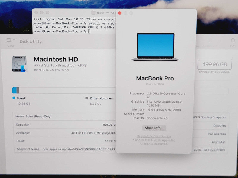 Apple Macbook Pro 2018 15" 6-Core i7-8850H @ 2.6GHz 16GB DDR4 500GB SSD (