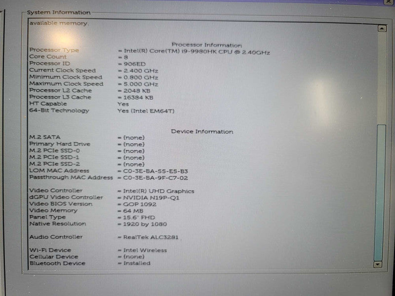 Dell Precision 7540 i9-9980HK 16GB RAM Quadro T1000 FOR PARTS/REPAIR  β BudLap