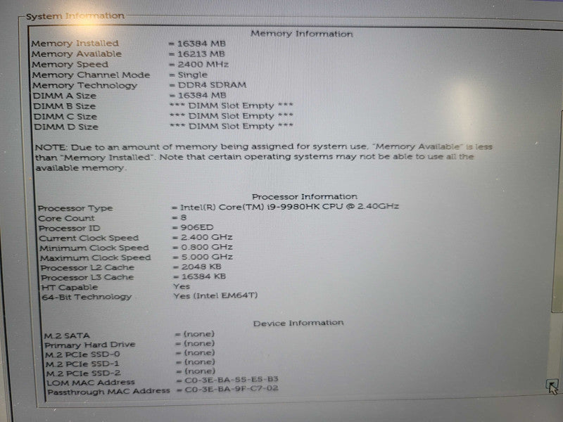 Dell Precision 7540 i9-9980HK 16GB RAM Quadro T1000 FOR PARTS/REPAIR  β BudLap