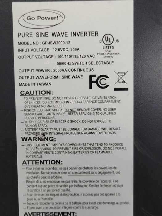 Go Power Pure Sine Wave inverter GP-ISW2000-12, Powers on, READ _