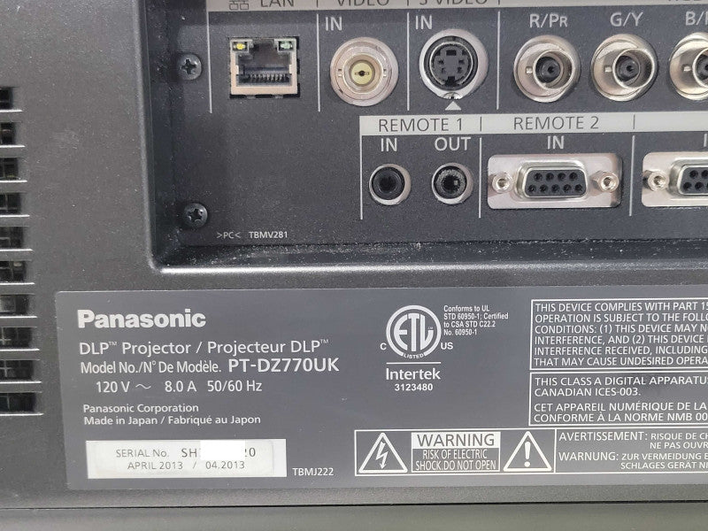 Panasonic DLP Projector PT-DZ770UK, No Lens, No remote control, READ _