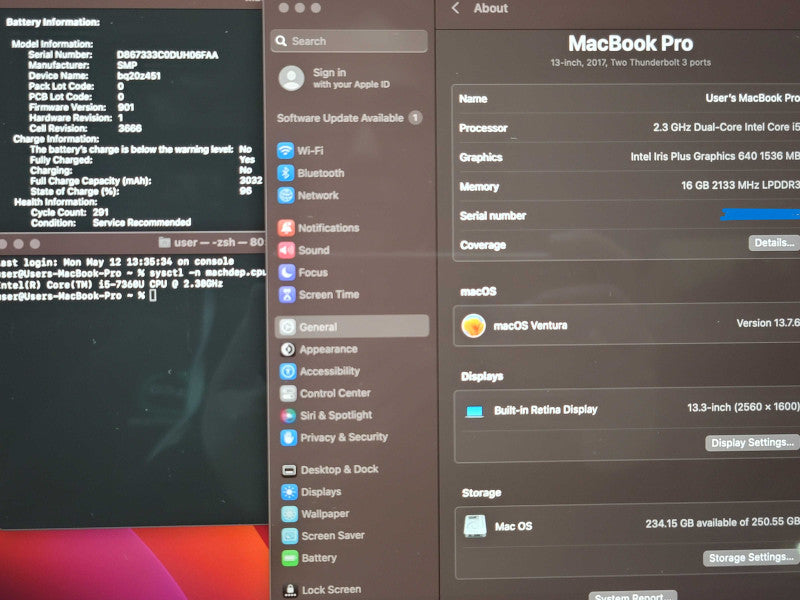 Apple MacBook Pro A1708 13" 2017 i5-7360U 16GB RAM 250GB SSD Service Bat β