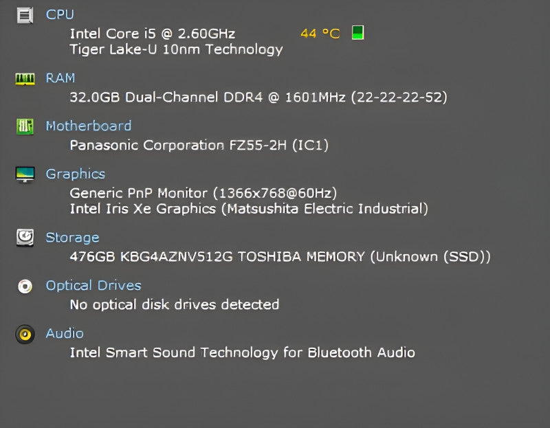 Panasonic Toughbook FZ-55, i5-1145G7, 32GB DDR4, 512GB NVMe 330HRS +PWR  Lap200