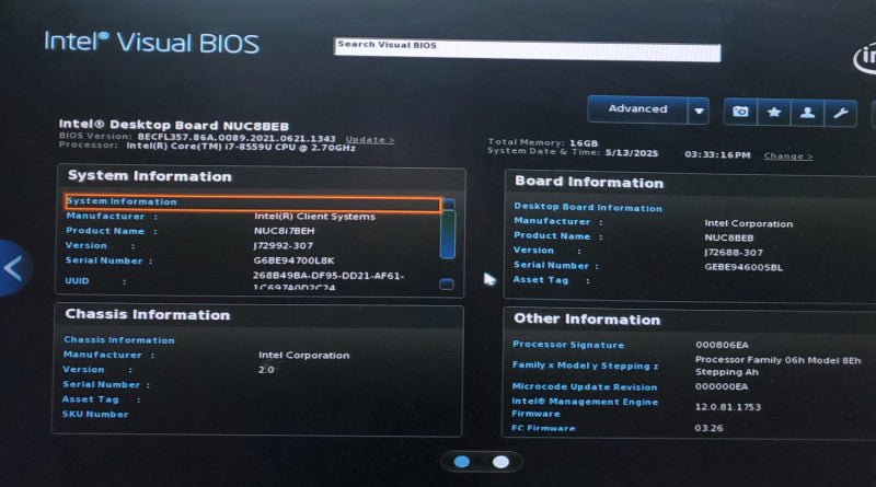 Intel BOXNUC8i7BEH1 i7-8559U 16GB RAM NO-HDD/SSD  Q