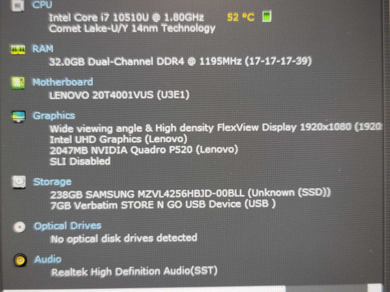 Lenovo ThinkPad P15s i7-10510U 32GB DDR4 Quadro P520 256GB SSD  β Lap200