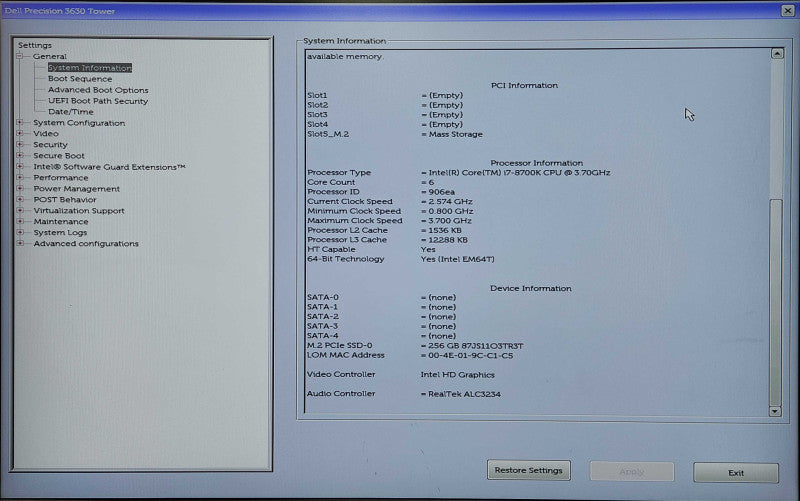 Dell Precision 3620, i7-8700K 3.70GHz, 8GB DDR4, 256GB NVMe