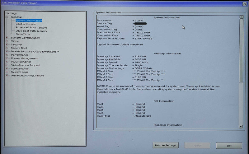 Dell Precision 3620, i7-8700K 3.70GHz, 8GB DDR4, 256GB NVMe