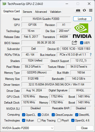 NVIDIA Quadro P2000 5GB GDDR5 Graphics Card - 4x DisplayPort Q