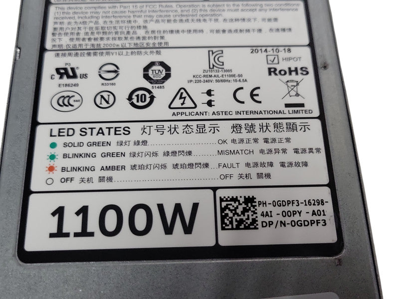 Dell PowerEdge R620 R720 1100W Server Power Supply PSU 0GDPF3/0YT39Y Q_