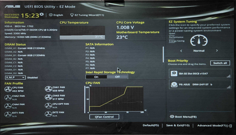 Custom PC, ASUS X99-A, i7-5820K 3.30GHz, 16GB DDR4, 760W PSU, No HDD/GPU Q