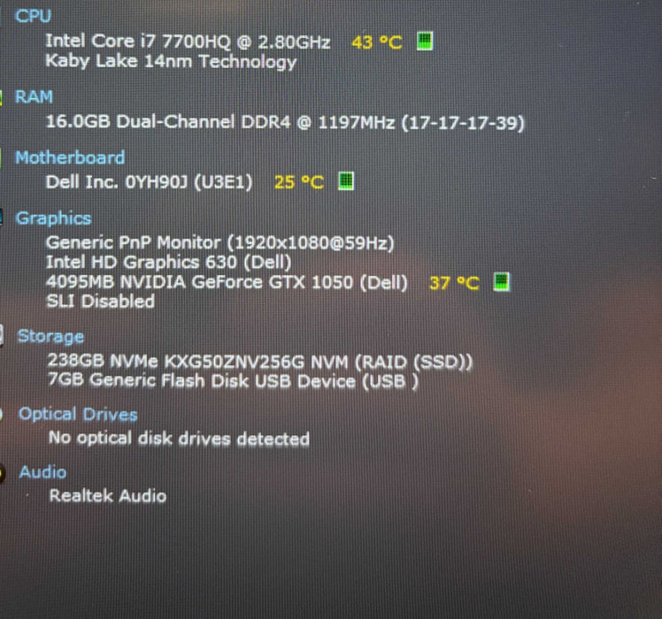 Dell XPX 15 9560 i7-7700HQ@2.8GHz GeForce GTX 1050 4GB GPU 16GB RAM 256SSD Q Lap200