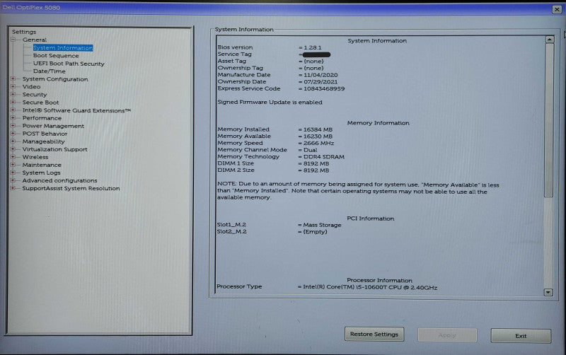 Dell OptiPlex 5080 USFF, i5-10600T 2.40GHz, 16GB DDR4, 256GB NVMe, 90W PWR
