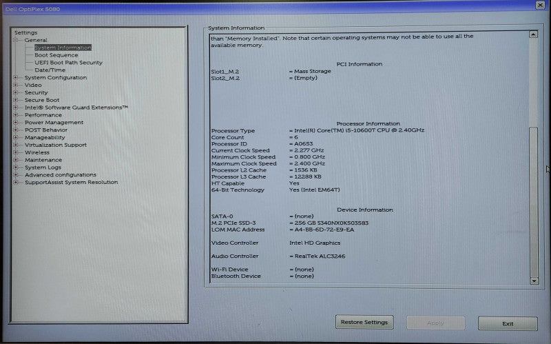 Dell OptiPlex 5080 USFF, i5-10600T 2.40GHz, 16GB DDR4, 256GB NVMe, 90W PWR