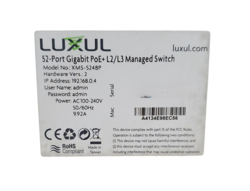 Luxul XMS-5248P  52-Port Gigabit PoE+ L2/L3 Managed Switch