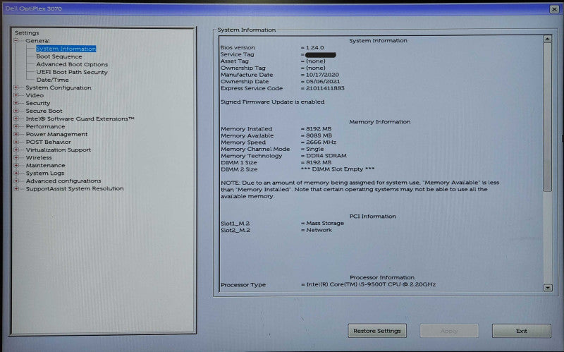 Dell OptiPlex 3070 USFF, i5-9500T 2.20GHz, 8GB DDR4, 256GB NVMe, 90W PWR