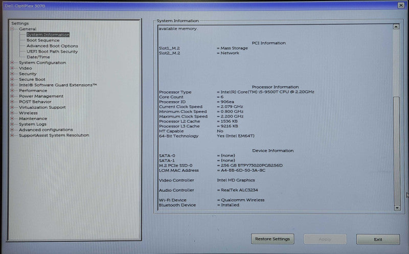 Dell OptiPlex 3070 USFF, i5-9500T 2.20GHz, 8GB DDR4, 256GB NVMe, 90W PWR
