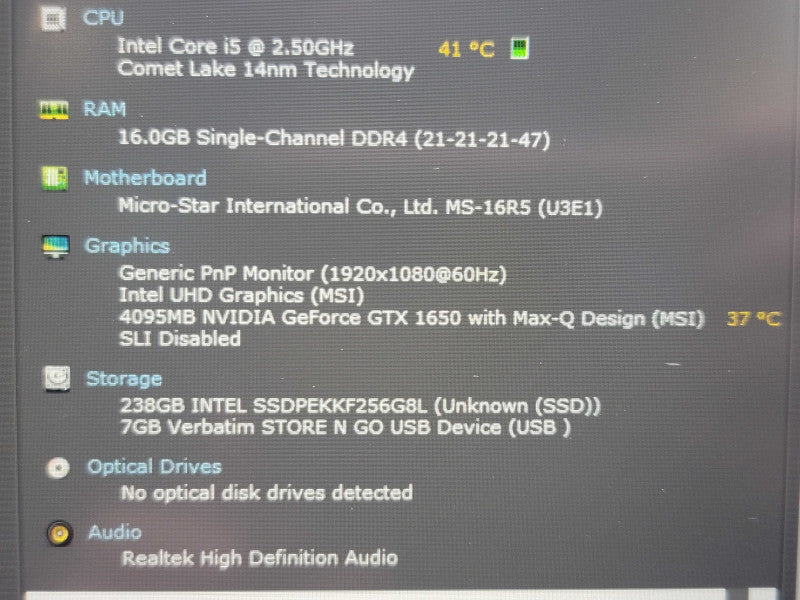 MSI GF63 Thin i5-10500H 16GB DDR4 GTX 1650 w/ Max Q 256GB SSD  β Lap200