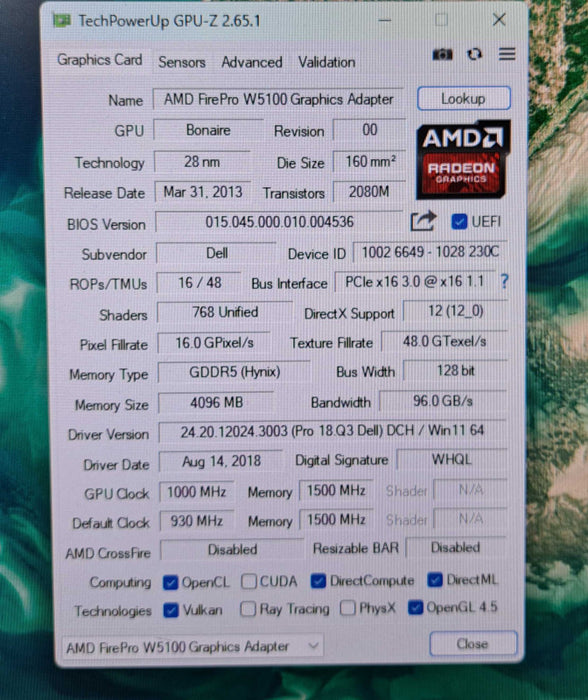 Dell AMD FirePro W5100 4GB GDDR5 Graphics Card | 4x DisplayPort