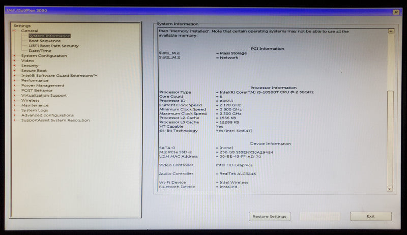Dell OptiPlex 3080 Core i5-10500T 16GB DDR4 256GB NVMe + PWR