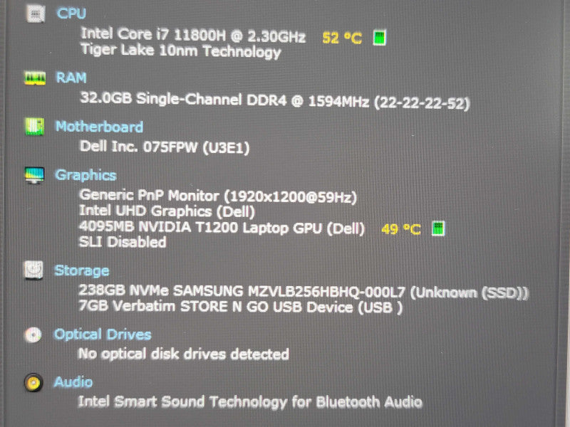 Dell Precision 5560 i7-11800H 32GB DDR4 T1200 256GB SSD  β Lap200
