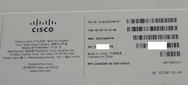 Cisco CS-QUADCAM V01 Quad Webex Conference Room Camera TTC8-10 _