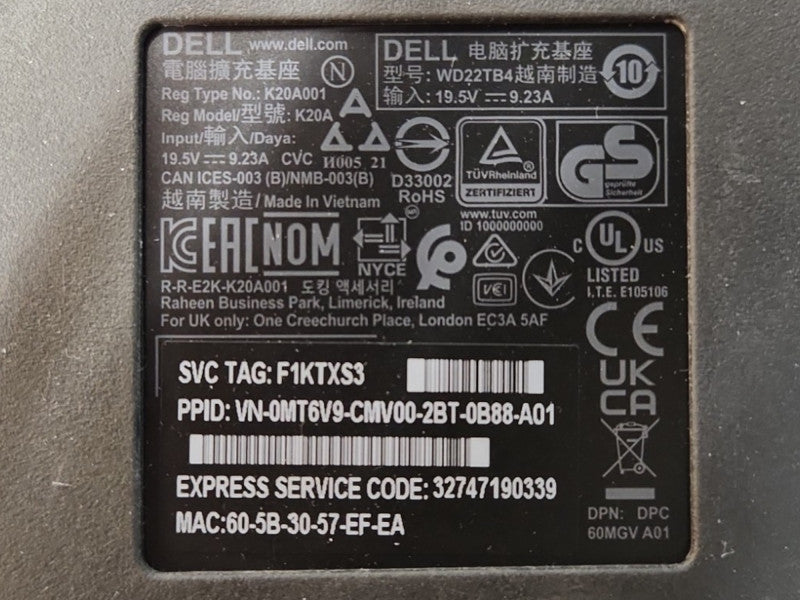 Dell WD22TB4 Thunderbolt 4 Docking Station w/ 180W Power Adapter