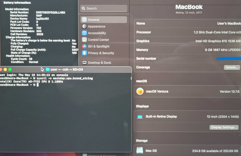 Apple MacBook A1534 12" 2017 Retina m3-7Y32 8GB RAM / No AC Adapter β