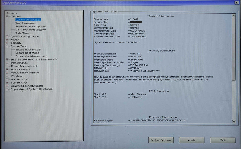 Dell OptiPlex 3070 USFF, i5-9500T 2.20GHz, 8GB DDR4, 256GB NVMe, 65W PWR