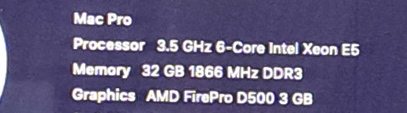 Apple Mac Pro A1481|Xeon E5-1650 v2|32GB |Firepro D500|500GB HD