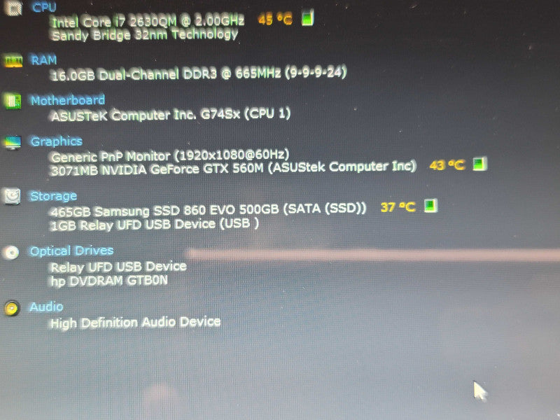 ASUS G74S i7  2620M 16GB DDR3 GTX 560M 500GB SSD NO ADAPTER, READ  β BudLap