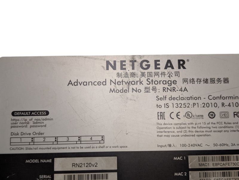 NETGEAR ReadyNAS RNR-4A RN2120v2 4 Bay 1U NAS with 4x 2TB HDDs -