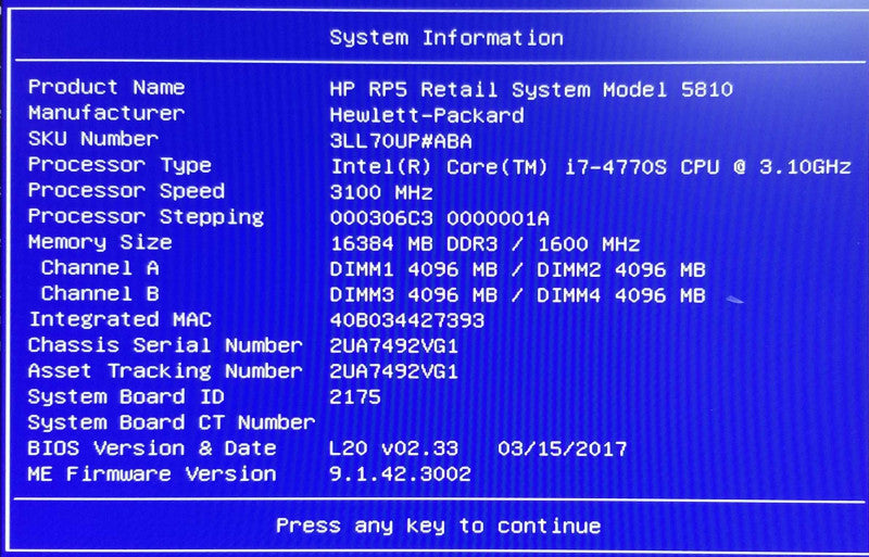 HP RP5 Retail System 5810 Intel i7-4770S CPU 3.10GHz - 16GB RAM - NO HDD