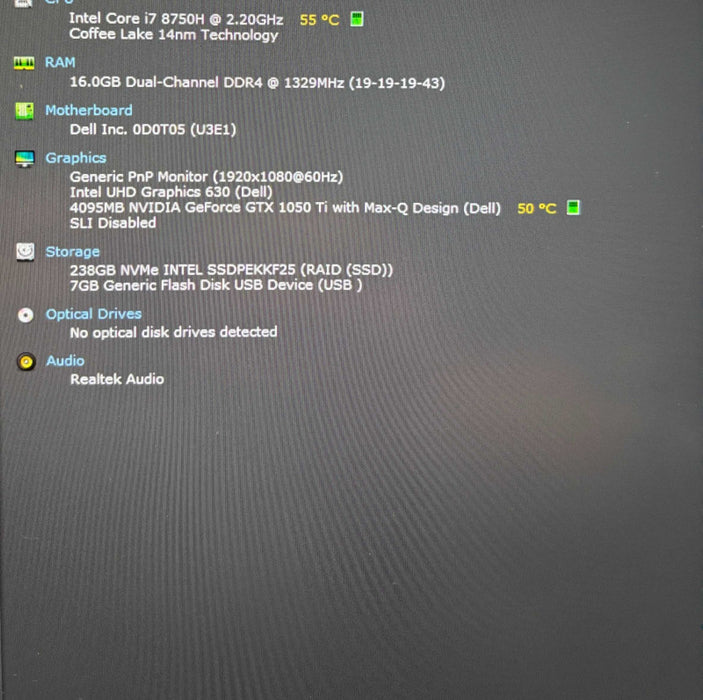 Dell XPS 15 9750 i7-8750H@2.2GHz GTX 1050 Ti 4GB GPU 16GB RAM 256GB SSD  Lap200