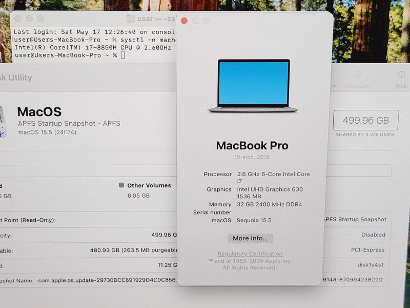 Apple Macbook Pro 2018 15" 6-Core i7-8850H @ 2.6GHz 32GB DDR4 500GB SSD (