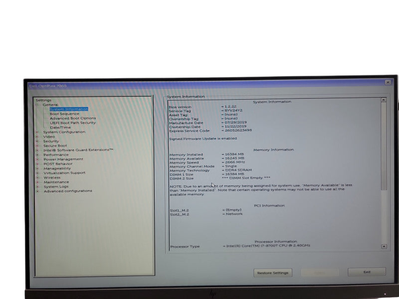 Dell OptiPlex 7060 i7 - 8700T @ 2.40GHz 16GB DDR4 Ram θ
