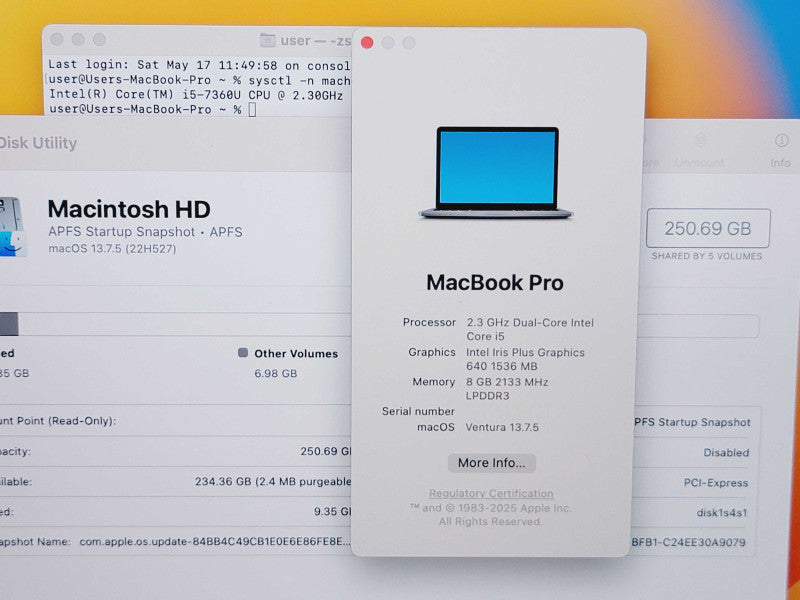 Apple Macbook Pro 2017 13"  2-Core i5-7360 @ 2.3GHz 8GB DDR3 250GB SSD (