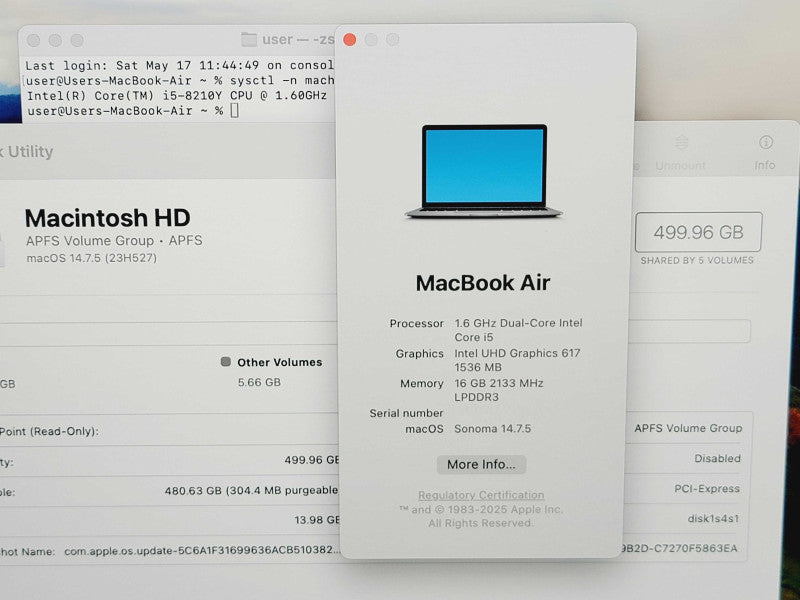 Apple Macbook Air 2019 13" 2-Core i5-8210Y @ 1.6GHz 16GB DDR3 500GB SSD (