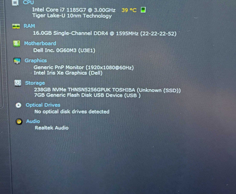 Dell Latitude 5520 Core i7-1185G7@3GHz 16GB RAM 256GB SSD READ  Lap200