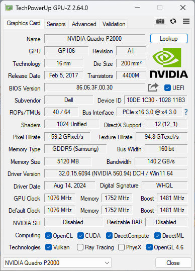 NVIDIA Quadro P2000 5GB GDDR5 Graphics Card - 4x DisplayPort
